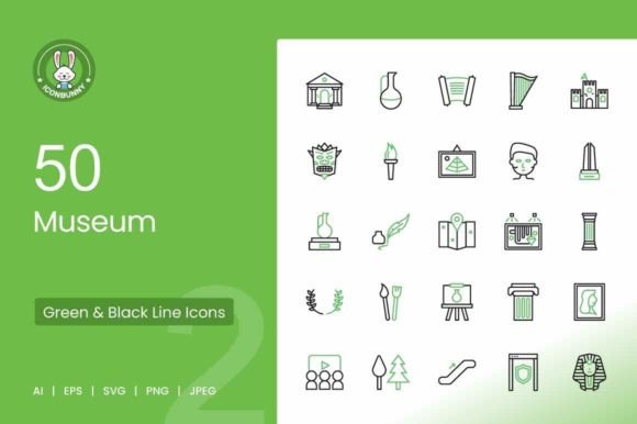 50 Museum Green Black Icons for Graphics and Handmade Crafts