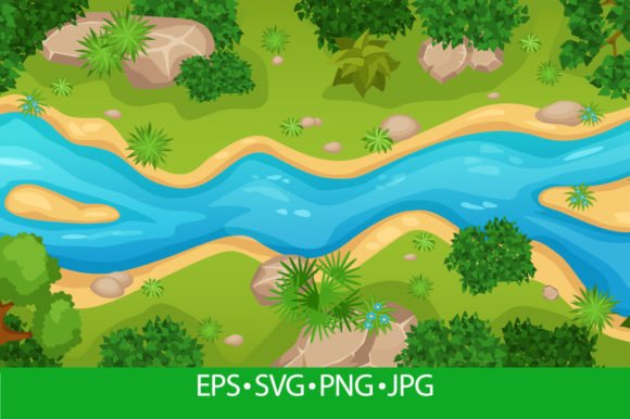 Cartoon Top View River Landscape with Graphics for Publishers