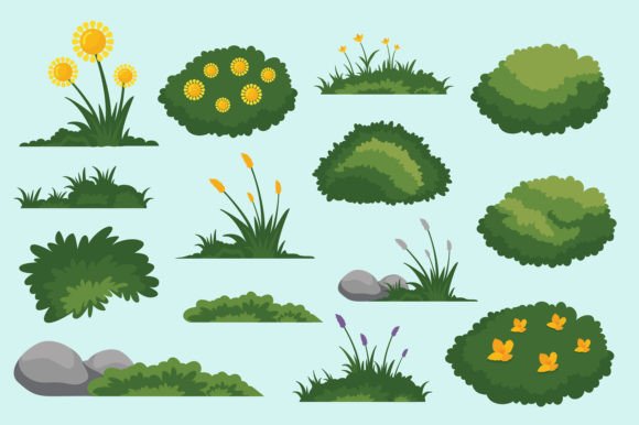 Green Bushes and Grass Cartoon Graphics for Illustrations