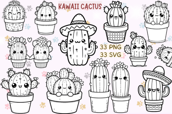 Kawaii Cactus Stamps Black White SVG for Graphics and Illustrations