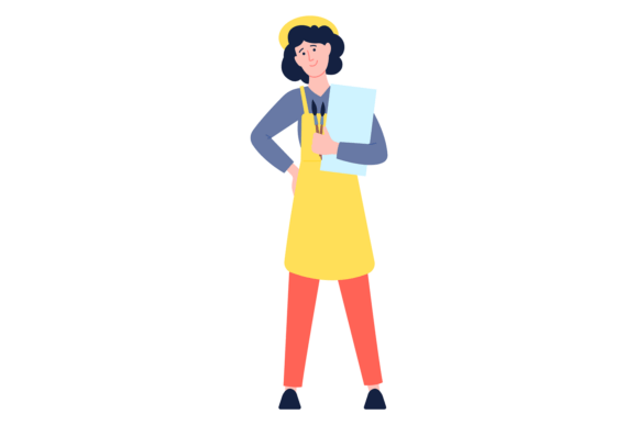 Woman Hold Paint Brushes and Paper. Fema Graphics & Illustrations